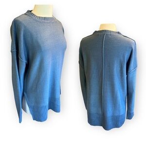 Fashion Sweater Blue Drop Shoulder Crew Neck Long Sleeve Solid Side Slits Med‌‍‍